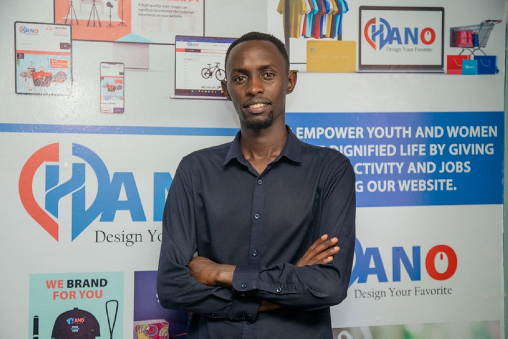 Luqman Muramba, who created Hano Online, a platform he meant to use to promote digital and physical products, during the interview. Photo by Willy Mucyo