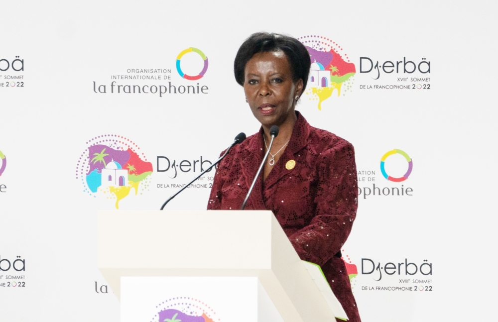 Louise Mushikiwabo the Secretary General of the International Organisation of La Francophonie delivers remarks during La Francophonie summit in Tunisia on Saturday, November 19. Mushikiwabo has been re-elected as the Secretary General of OIF. Courtesy