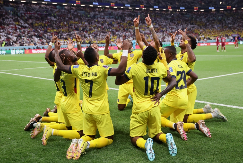 Ecuador players celebrate one of their goals in their 2-0 victory over hosts Qatar 2-0  in the opening game of the 2022 World Cup on Sunday at Al Bayt Stadium. / Photo credit: FIFA