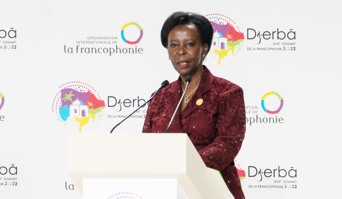 Louise Mushikiwabo the Secretary General of the International Organisation of La Francophonie delivers remarks during La Francophonie summit in Tunisia on Saturday, November 19. Mushikiwabo has been re-elected as the Secretary General of OIF. Courtesy