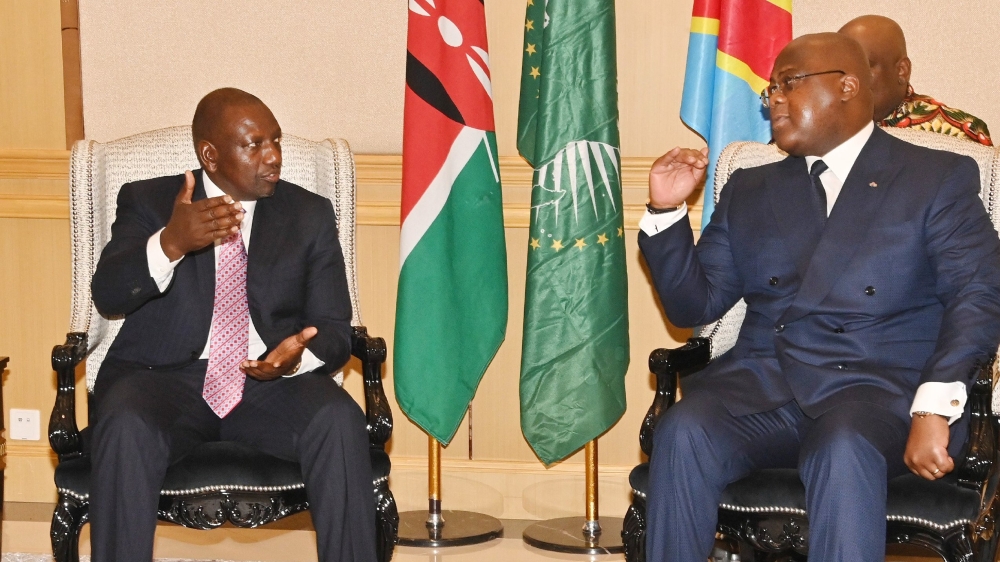 Kenya’s President William Ruto meets with  his Congolese counterpart Felix Tshisekedi  in Kinshasa  on Monday, November 21. Courtesy