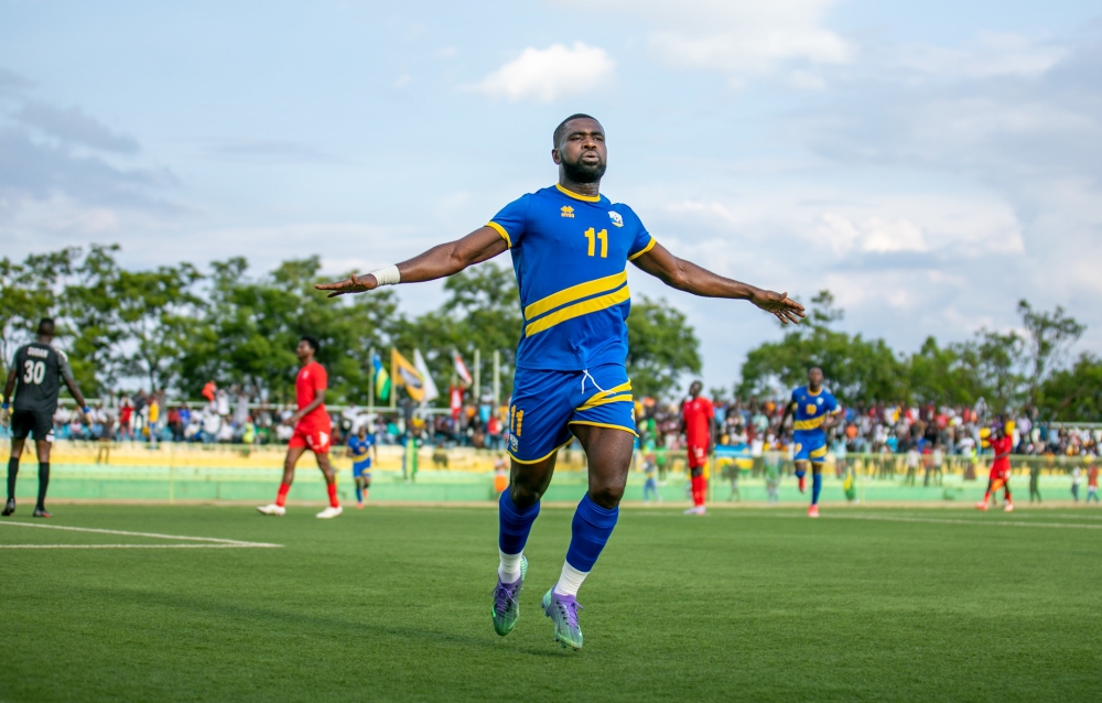 Rwanda National Team striker Gerard Gohou celebrates his goal during a friendly match against Sudan on Saturday November 19. The 33 year old striker is pleased to feature for the Rwandan national team. Olivier Mugwiza