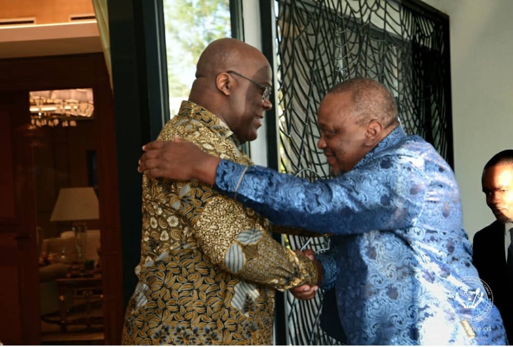 President of  DR Congo Félix-Antoine Tshisekedi receives Uhuru Kenyatta, Kenya’s ex-president and the facilitator in the DRC peace process in Kinshasa on November 13. M23 rebels want ‘direct’ talks with the Kinshasa government. Courtesy