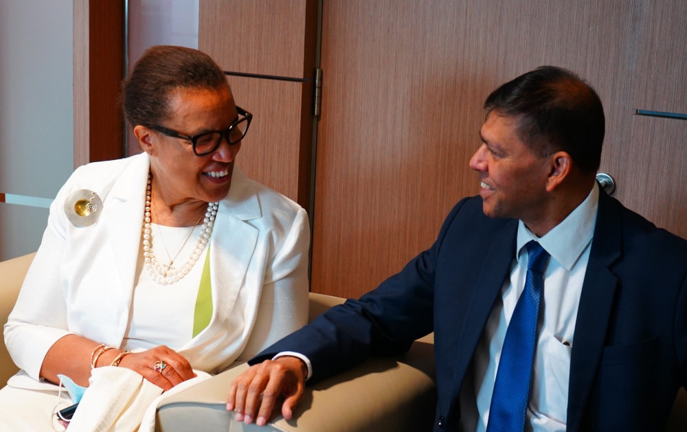 Commonwealth Secretary-General, Patricia Scotland interacts with the High Commissioner of Mauritius to the UK, Girish Nunkoo in Mauritius. Scotland is there  for the  Commonwealth Law Ministers Meeting on Monday, November 21. Courtesy