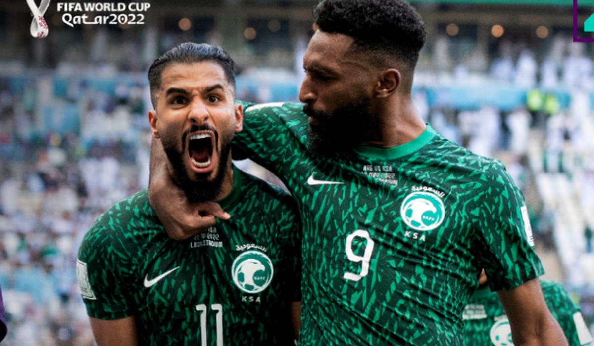 Saudi Arabia players in a celebration after the 2-1 victory over  Argentina during the ongoing World Cup in Qatar at Lusail Stadium.FIFA Photo