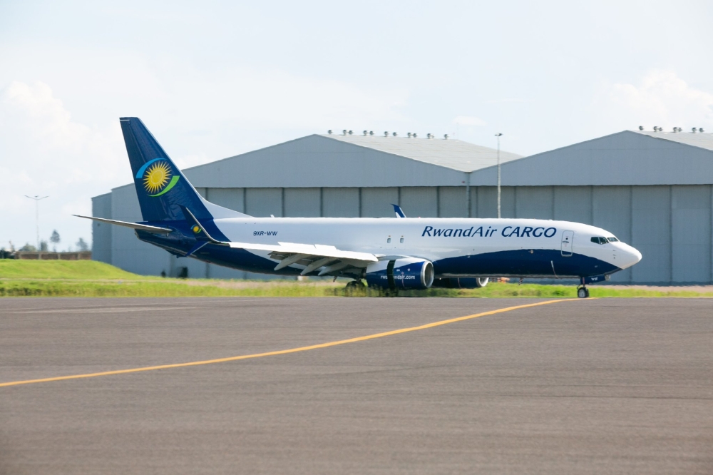 RwandAir&#039;s  first cargo plane, a 787-800 Boeing Converted Freighter (BCF),  after landing at Kigali International Airport on Thursday, November 24. Courtesy