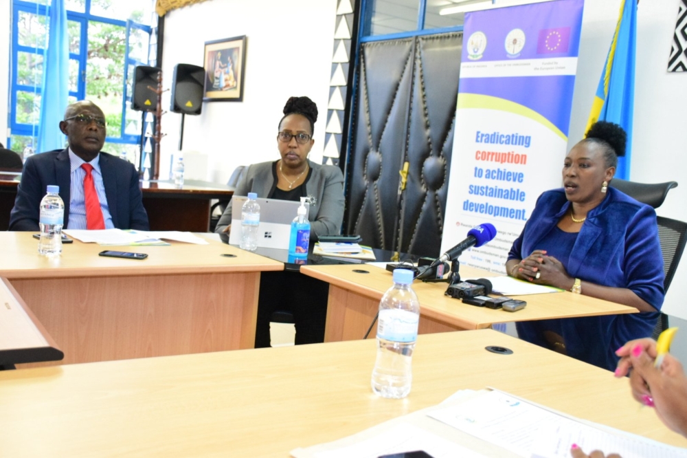 (R-L)Chief Ombudsman, Madeleine Nirere addresses  a news conference on the preparation of celebrating the International Anti-Corruption Day 2022, as Odette Yankurije, Deputy Ombudsman  and Abbas Mukama, Deputy Ombudsman look listen, on Thursday, November 24, 2022 in Kigali (Courtesy).