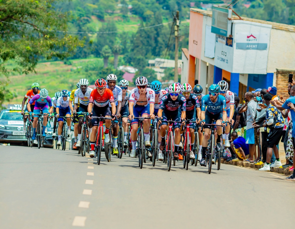 Tour du Rwanda cyclists climb one of hills in Kigali during Tour du Rwanda 2022. Courtesy