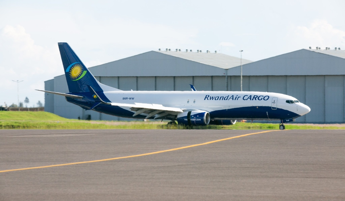 RwandAir&#039;s  first cargo plane, a 787-800 Boeing Converted Freighter (BCF),  after landing at Kigali International Airport on Thursday, November 24. Courtesy