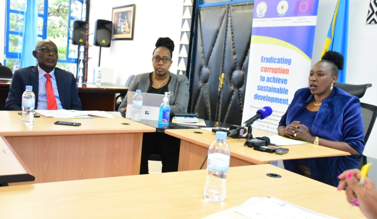 (R-L)Chief Ombudsman, Madeleine Nirere addresses  a news conference on the preparation of celebrating the International Anti-Corruption Day 2022, as Odette Yankurije, Deputy Ombudsman  and Abbas Mukama, Deputy Ombudsman look listen, on Thursday, November 24, 2022 in Kigali (Courtesy).