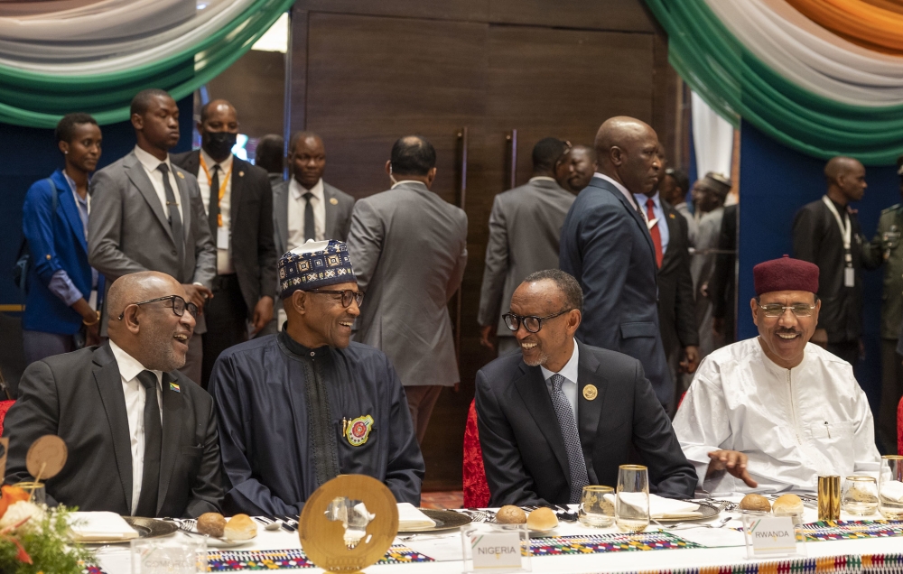 President Paul Kagame interacts with other dignitaries  at the African Union Extraordinary Summit on Industrialization and Economic Diversification in Niamey, Niger, on Friday, November 25. Photo by Village Urugwiro