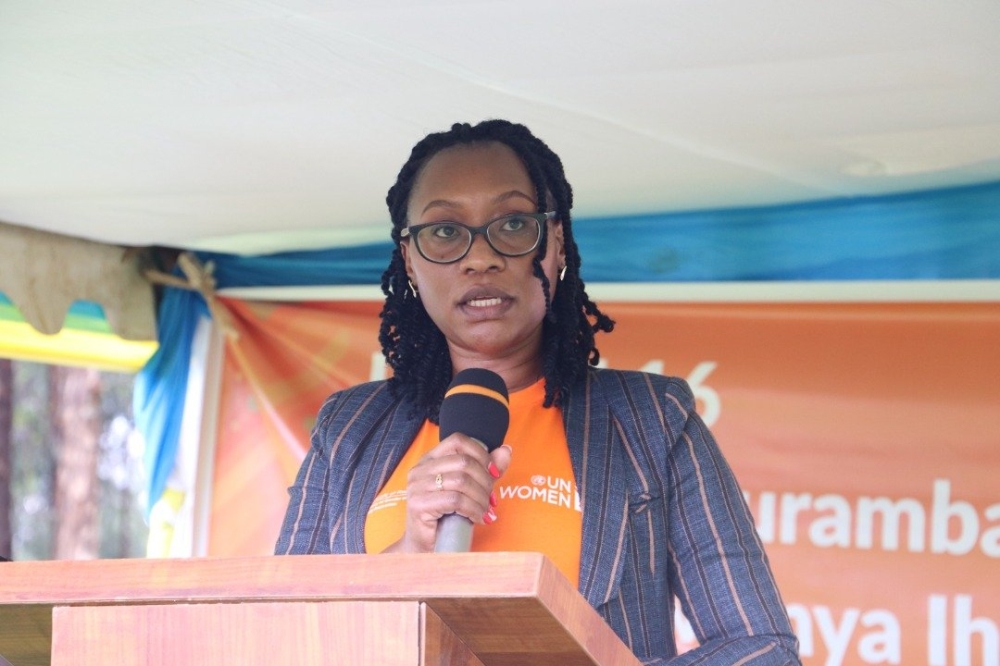 Jeannette Bayisenge, Minister for Gender and Family Promotion delivers remarks during the ceremony that marked the celebration of the International Day for the Elimination of Violence against Women on Friday, November 25. Courtesy
