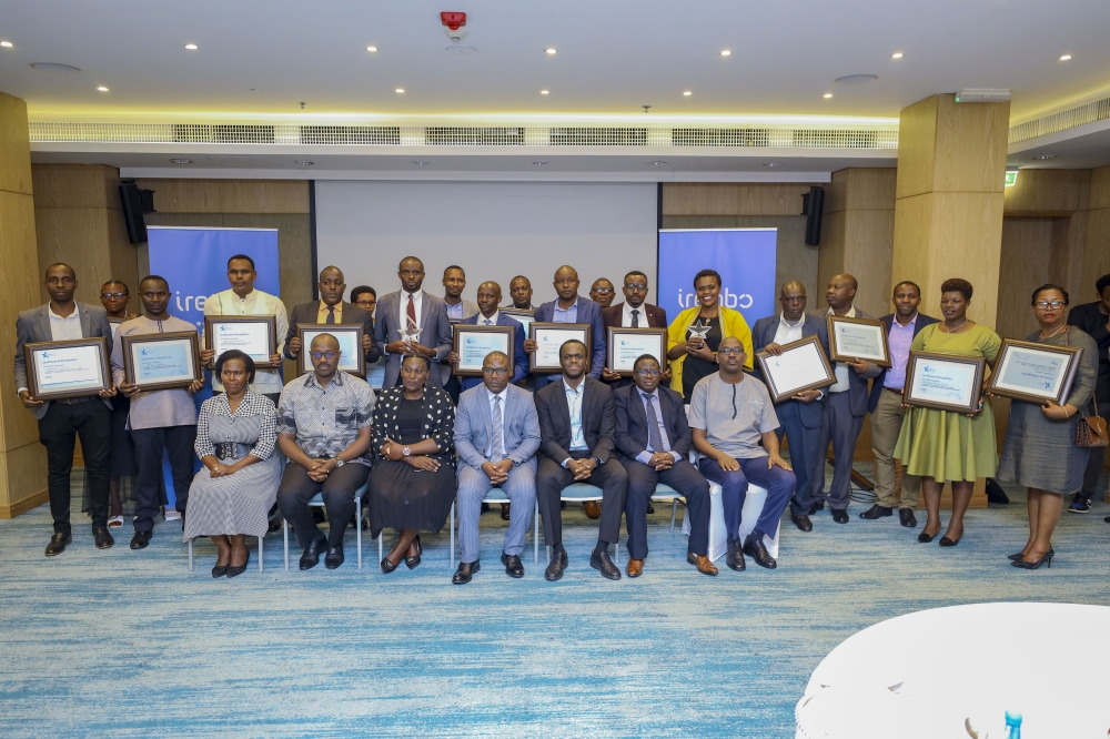Group photo of recipients of the IremboGov service delivery awards together with Minister of Local Government, Musabyimana Jean Claude, Irembo CEO, Israel Bimpe among other local government officials