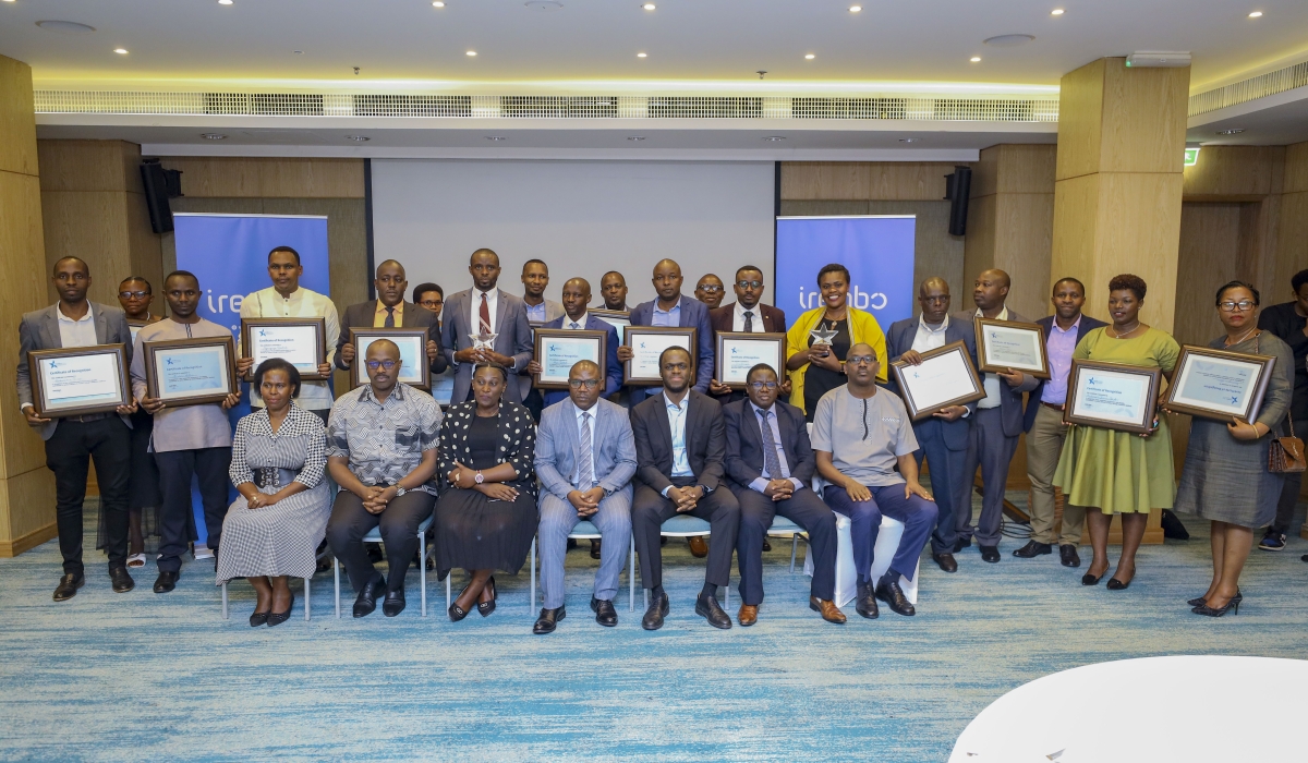 Group photo of recipients of the IremboGov service delivery awards together with Minister of Local Government, Musabyimana Jean Claude, Irembo CEO, Israel Bimpe among other local government officials