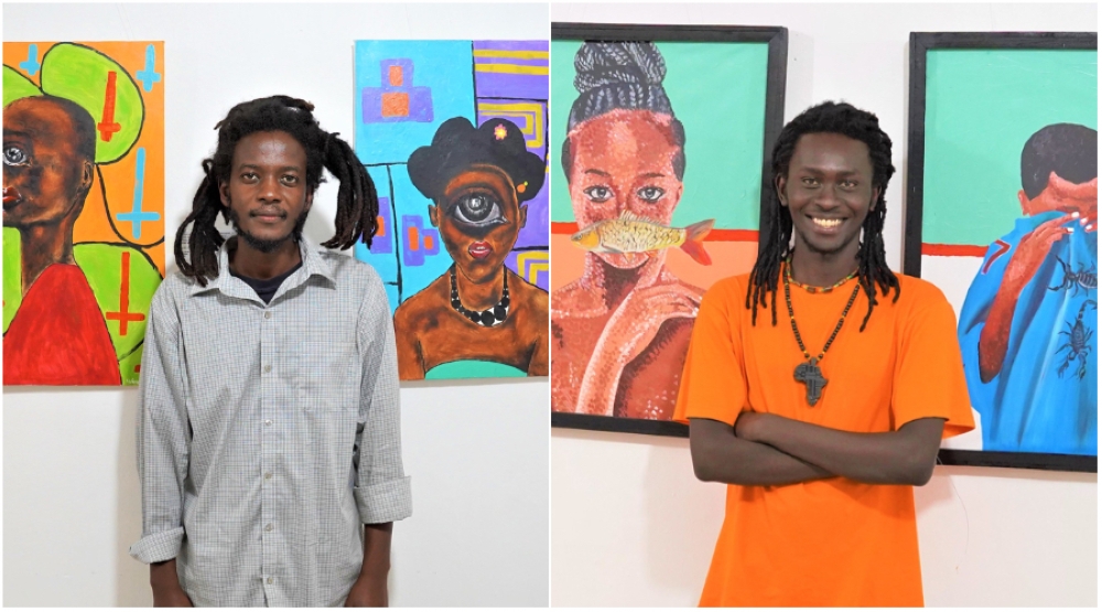 Shingiro Ntigurirwa (L) and Abdul Rwigema during their art exhibition‘Umugore w’Umusazi’ (Mad Woman) in March .  Courtesy photo.