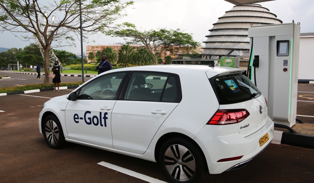 An electric car at a charging station at Kigali Convention Centre. Rwanda is venturing into carbon markets to take advantage of the trading scheme of credits which are obtained by reducing emissions that can be sold to public or private entities unable to meet the reduction requirements.  File photo.