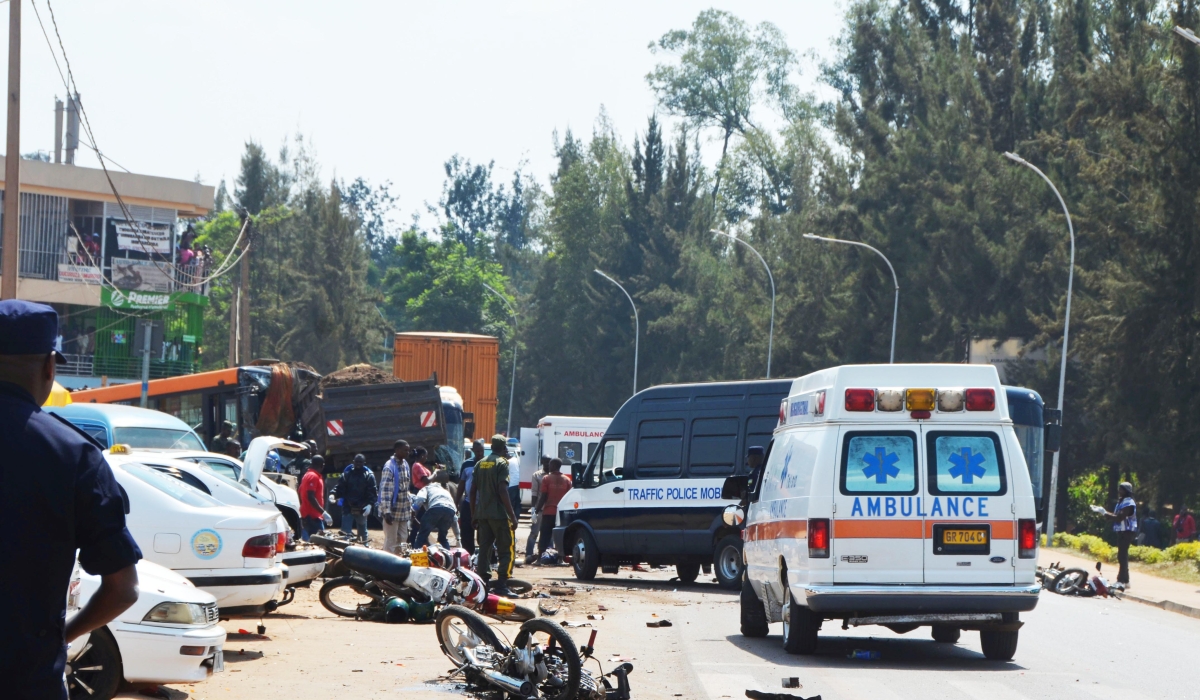 A scene of an accident that involved different vehicles in Kigali at Kicukiro. SGF says that 74.6 of recorded accidents cause by uninsured automobiles are cause by motorcycles. Sam N