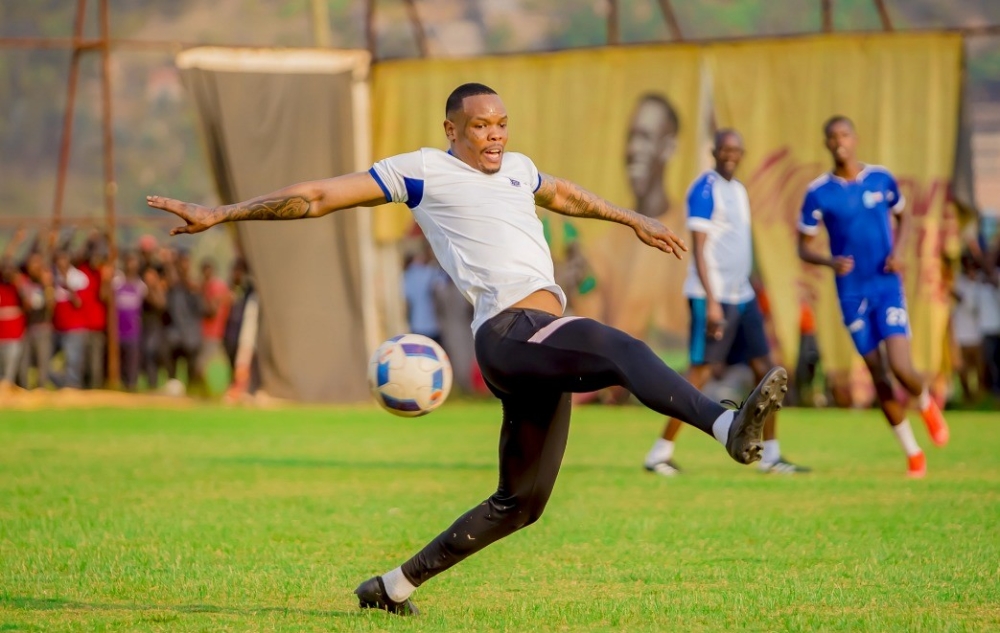 Rayon Sports defender Abdul Rwatubyaye during a training session at Nzove playground. Photo: Courtesy.