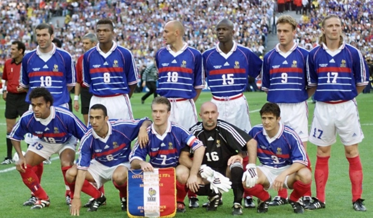 The France team before the 1998 World Cup final against Brazil. Zidane, top left, would score two in the 3-0 win [File: Daniel Garcia/AFP]