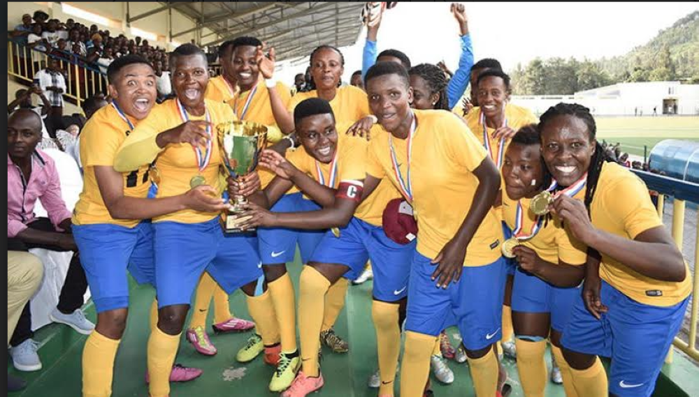 AS Kigali women team players celebrate after winning the women&#039;s league at Kigali Stadium. File