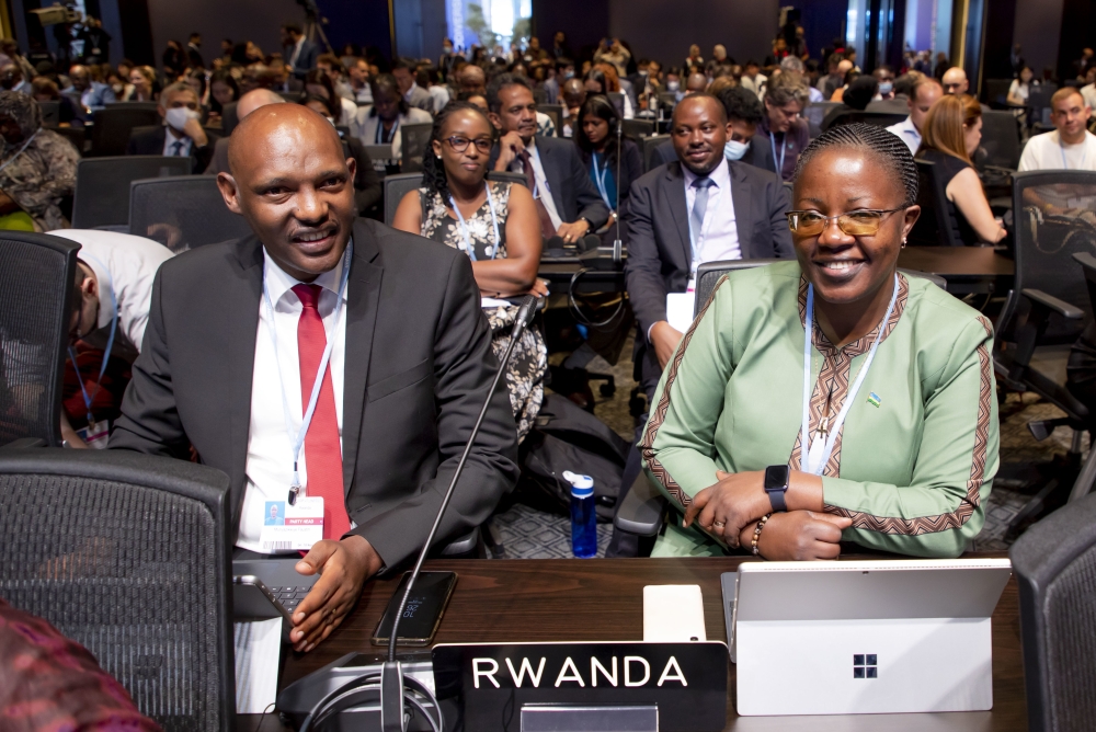 Minister of Environment Jeanne d&#039;Arc Mujawamariya and Faustin Munyazikwiye, Deputy Director General of Rwanda Environment Management Authority during the COP27 in Egypt on November 6, 2022. Courtesy