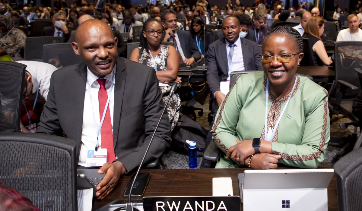 Minister of Environment Jeanne d&#039;Arc Mujawamariya and Faustin Munyazikwiye, Deputy Director General of Rwanda Environment Management Authority during the COP27 in Egypt on November 6, 2022. Courtesy