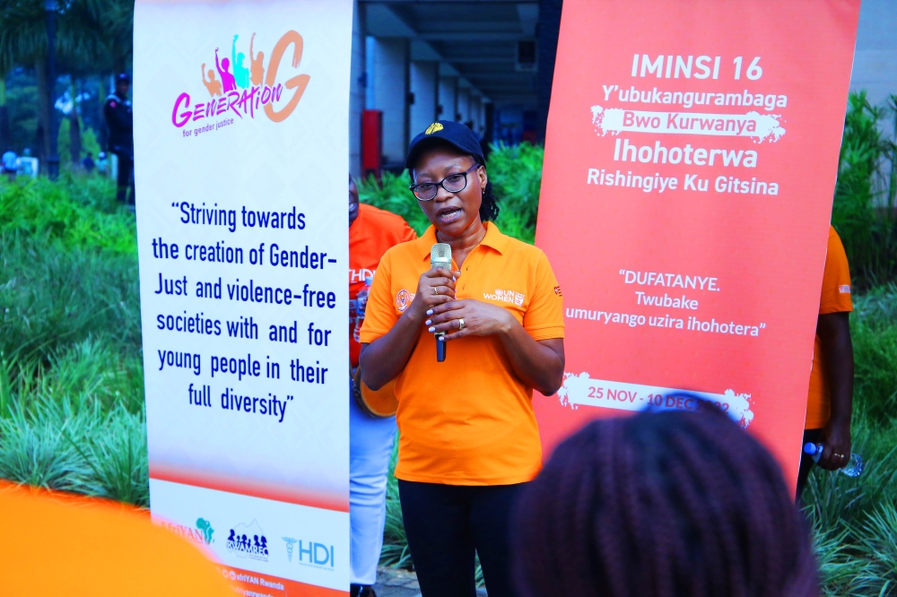 Minister of Gender and Family Planning Bayisenge addresses the participants at an anti-GBV awareness campaign on Sunday, December 4. Photo by Craish Bahizi