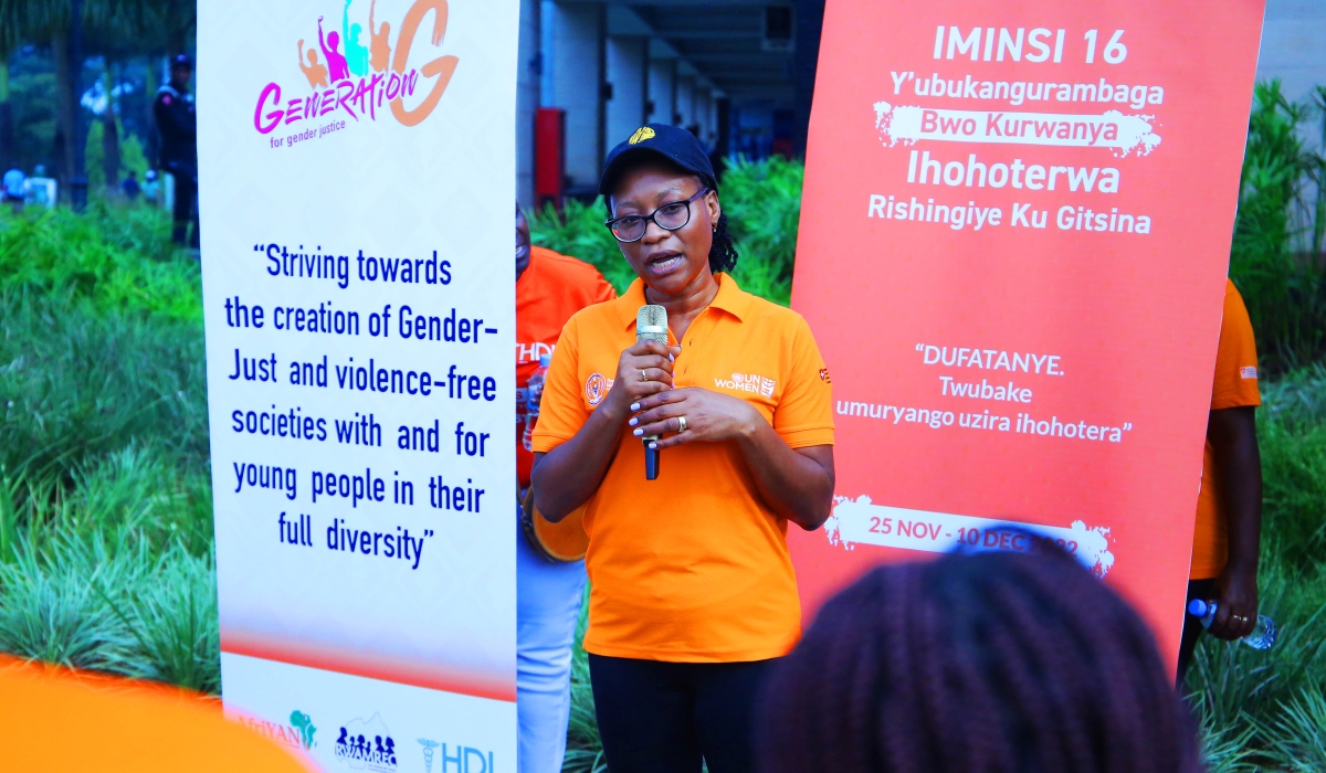 Minister of Gender and Family Planning Bayisenge addresses the participants at an anti-GBV awareness campaign on Sunday, December 4. Photo by Craish Bahizi
