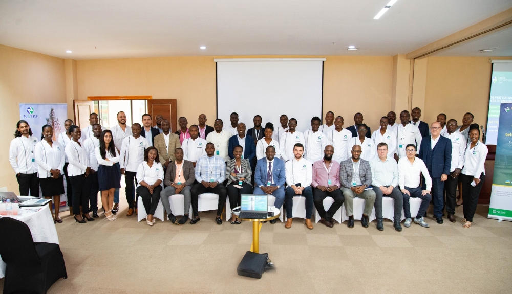 A group photo of staff at NETIS Rwanda, a subsidiary to the NETIS Group during a meeting in Kigali. NETIS aims to prioritise green solutions and improve gender equality, among its services. Courtesy