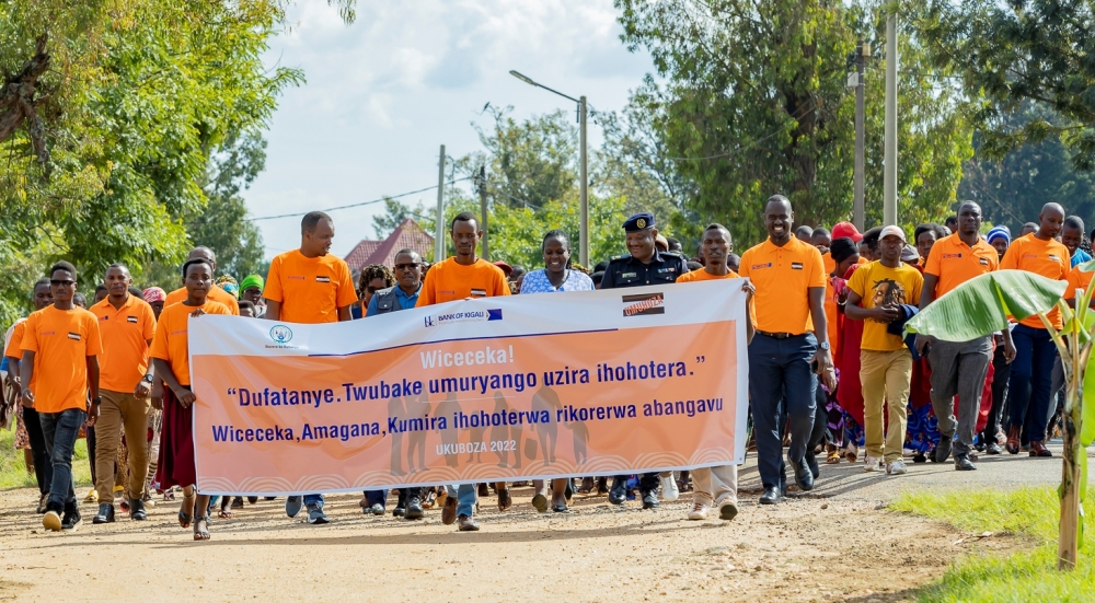 Ruhango residents and officials march during an anti-GBV awareness campaign as part of activities for the 16 days of activism against gender-based violence. Courtesy
