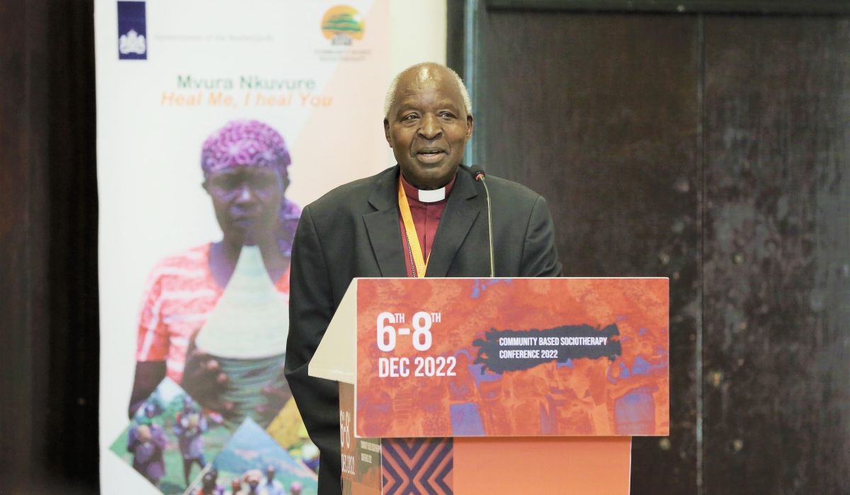 Archbishop Onesphore Rwaje, the Chairman of CBS Rwanda, delivers remarks at the ongoing Community Based Societherapy Conference in Kigali on Tuesday, December 6. Photos: Craish Bahizi.