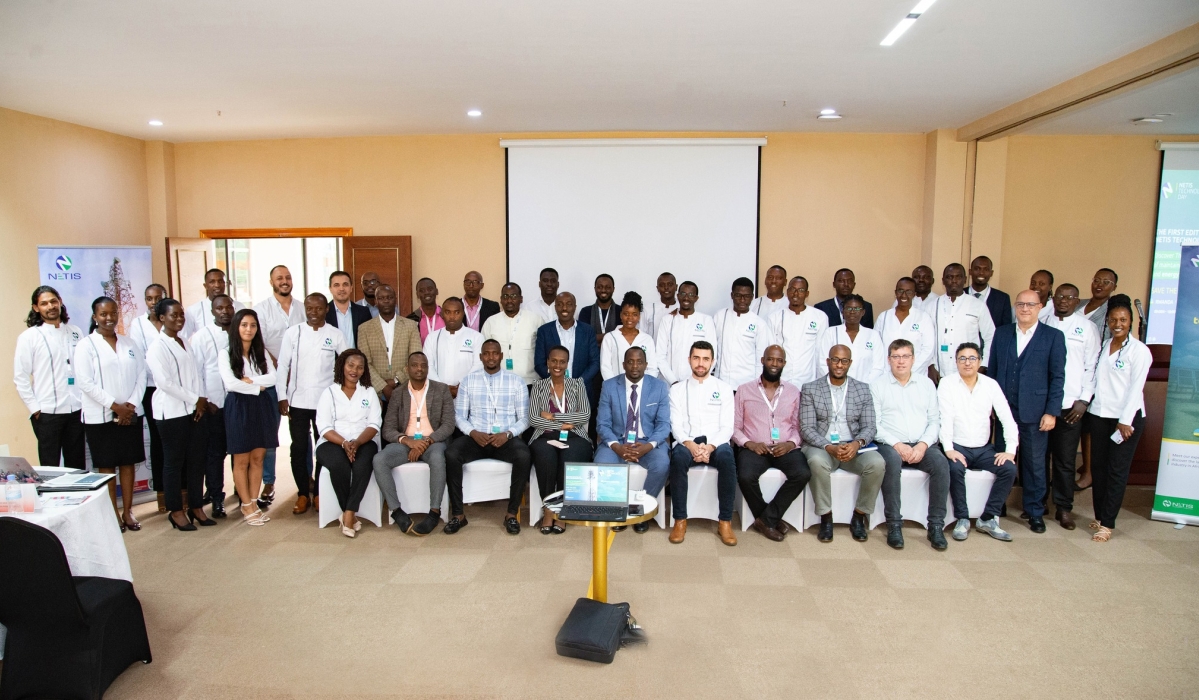 A group photo of staff at NETIS Rwanda, a subsidiary to the NETIS Group during a meeting in Kigali. NETIS aims to prioritise green solutions and improve gender equality, among its services. Courtesy