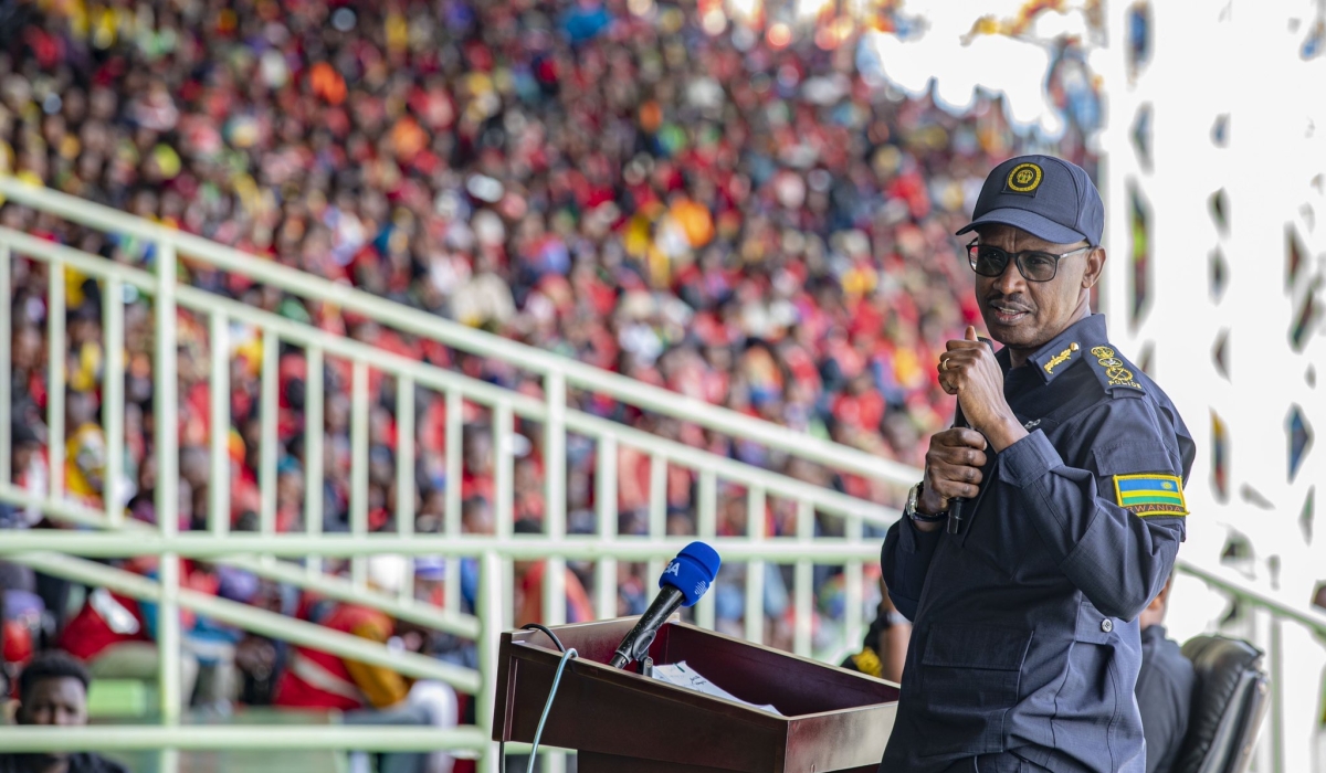 The Inspector General of Police  Dan Munyuza,  addresses hundreds of taxi-moto operators and cyclists about GERAYO AMAHORO campaign at Kigali stadium on December 8. Courtesy