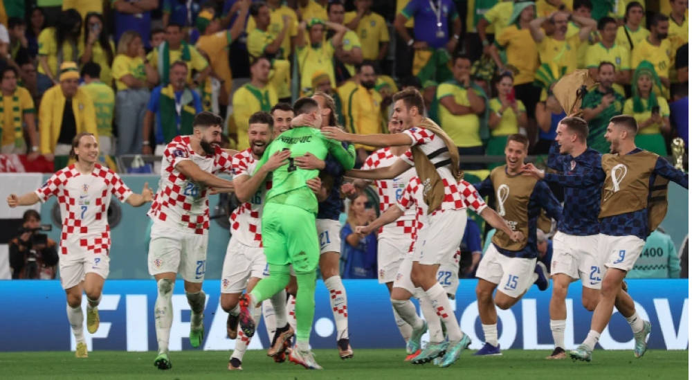 Croatia&#039;s players celebrate their win after beating Brazil in a penalty shoot-out at the Education City Stadium [Showkat Shafi/Al Jazeera]