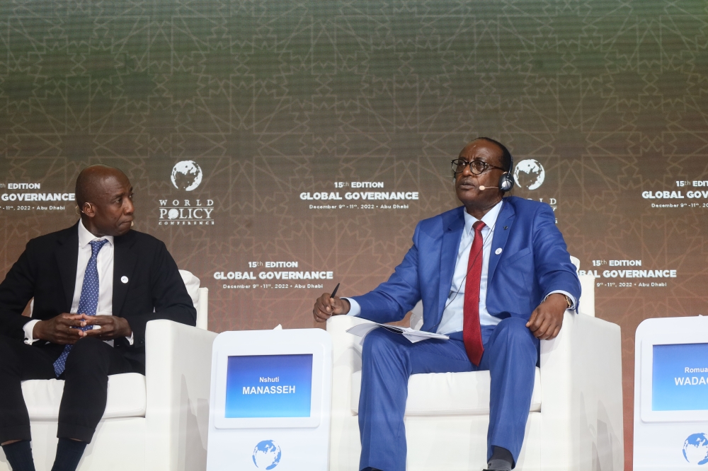 Prof. Nshuti Manasseh, Minister of State in the Foreign Affairs Ministry speaks at at the 15th Edition of the World Policy Conference in Abu Dhabi, UAE on December 10, 2022.