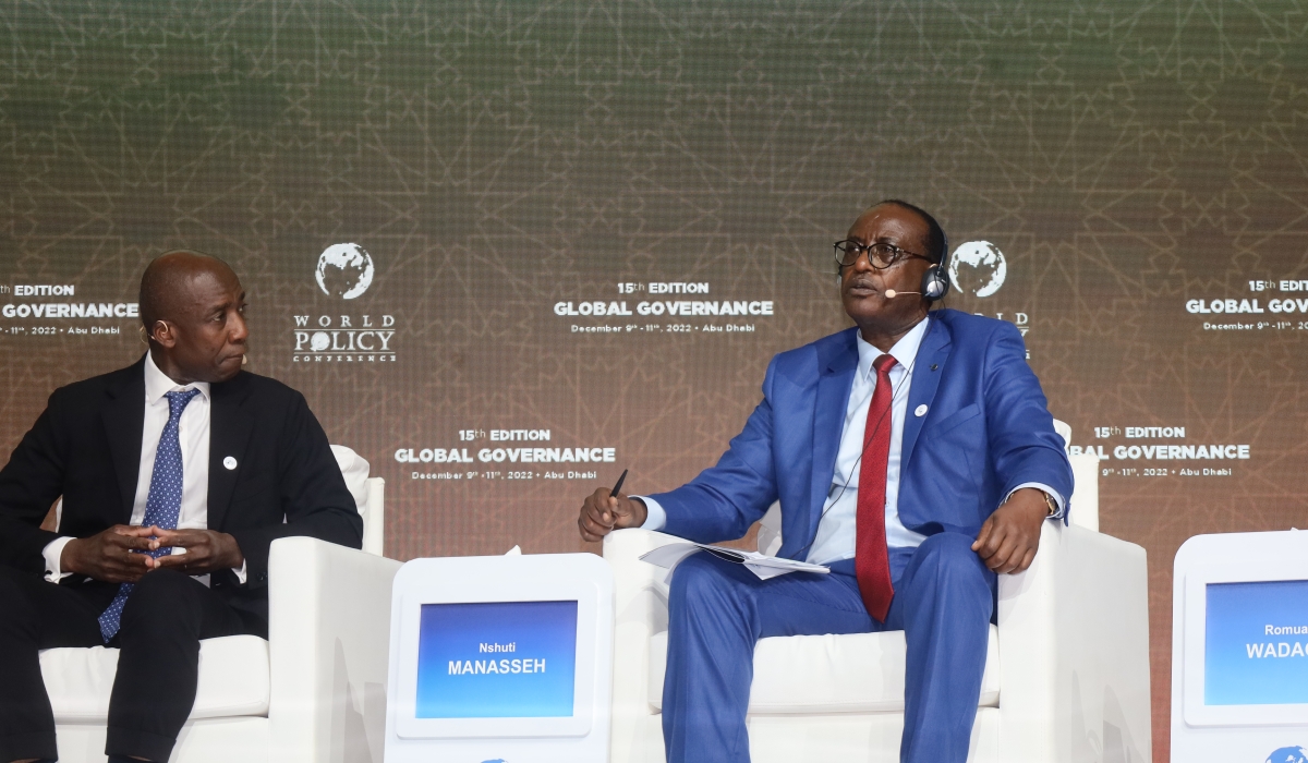 Prof. Nshuti Manasseh, Minister of State in the Foreign Affairs Ministry speaks at at the 15th Edition of the World Policy Conference in Abu Dhabi, UAE on December 10, 2022.