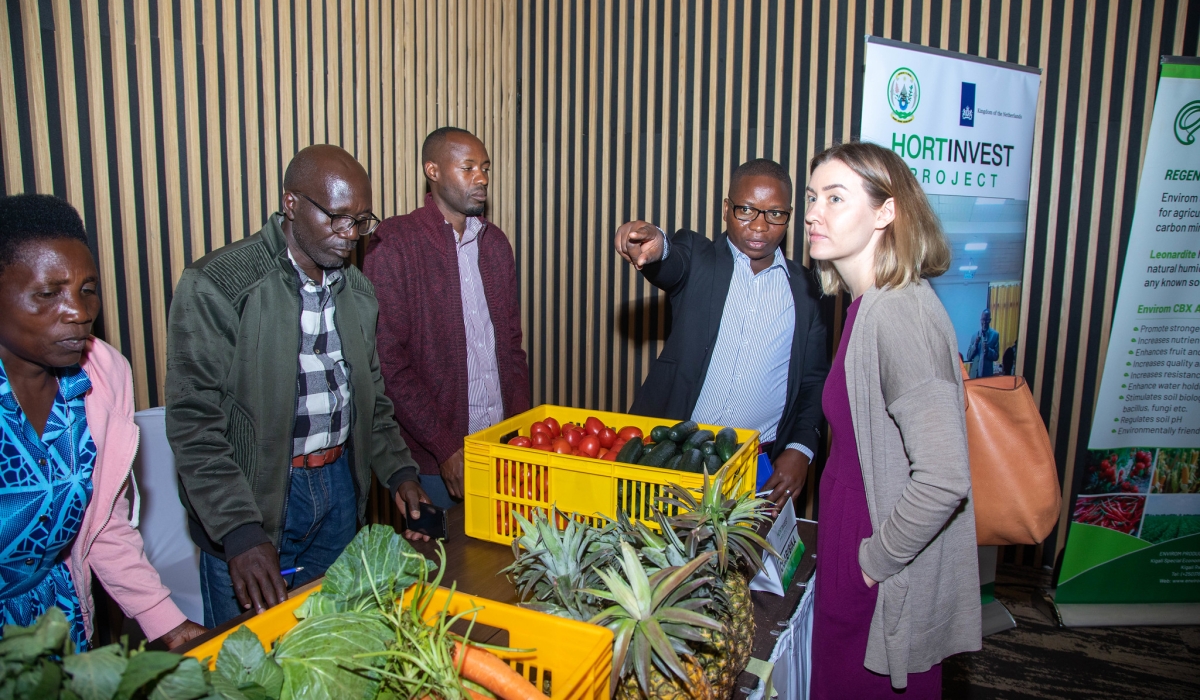 Beneficiaries showcase some agricultural products at a mini-exhibition during the event that was organized to share the project’s five-year journey on Friday, December 9, HortInvest supported 50 companies that contribute about 40 per cent of overall horticulture exports of Rwanda. All photos by Willy Mucyo 