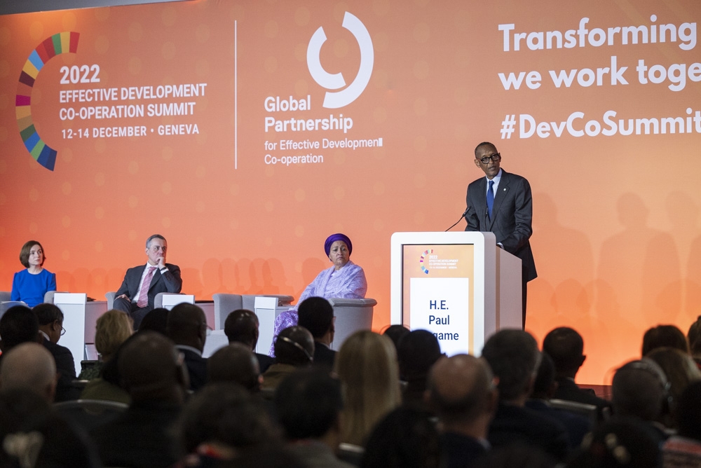 President Paul Kagame addresses delegates at the Effective Development Co-operation Summit  in Geneva, Switzerland,on Monday, December 12. Photo by Village Urugwiro