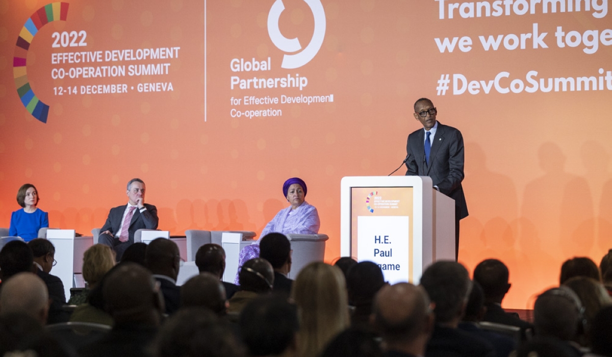 President Paul Kagame addresses delegates at the Effective Development Co-operation Summit  in Geneva, Switzerland,on Monday, December 12. Photo by Village Urugwiro