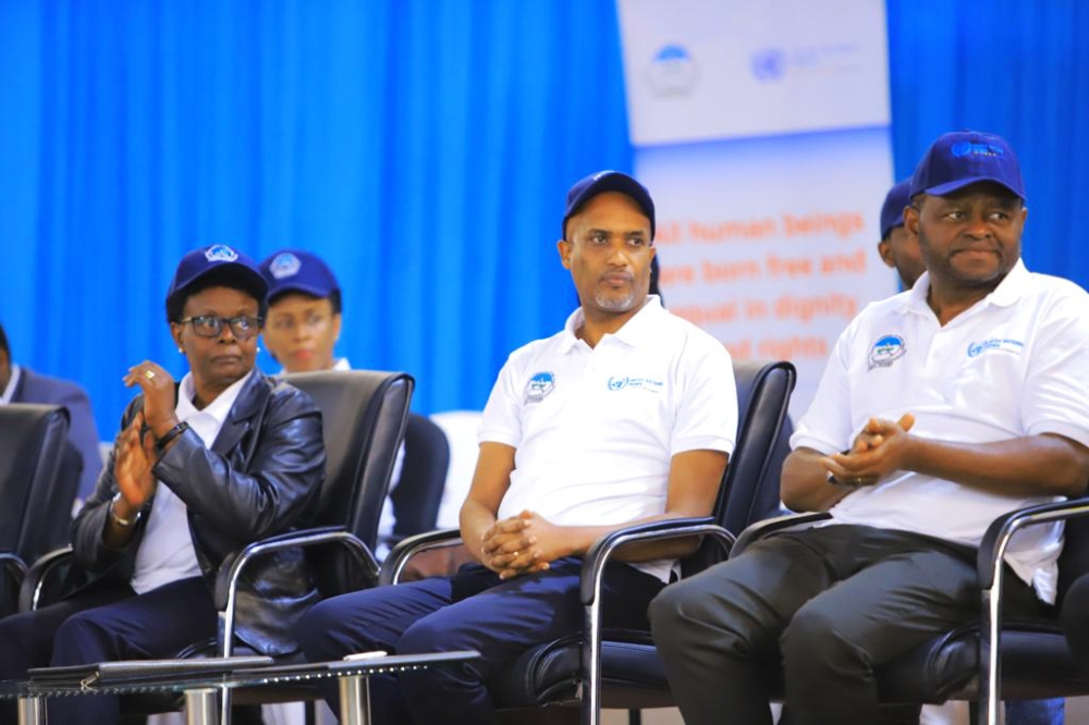 (L-R) National Commission for Human Rights Chairperson, Marie-Claire Mukasine,  Emmanuel Ugirashebuja, the Minister of Justice and Attorney General and Ozonnia Ojielo, the UN Resident Coordinator in Gisagara District. Courtesy