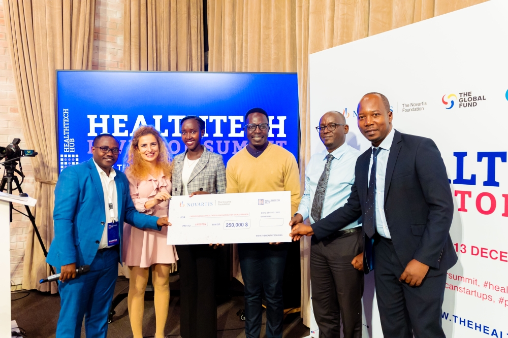 The young innovator, Peace Ndoli (3rd from left side), the founder of Lifesten health secured $250,000 for fighting cardiovascular diseases in Kigali.