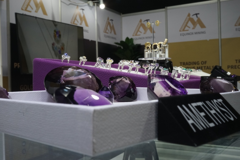 A  stand of Made in Rwanda jewelry from Amethysts that are being showcased at the exhibition  at Kigali Conference and Exhibition Village on Tuesday. Courtesy