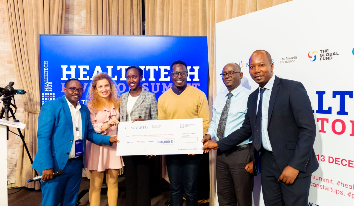 The young innovator, Peace Ndoli (3rd from left side), the founder of Lifesten health secured $250,000 for fighting cardiovascular diseases in Kigali.