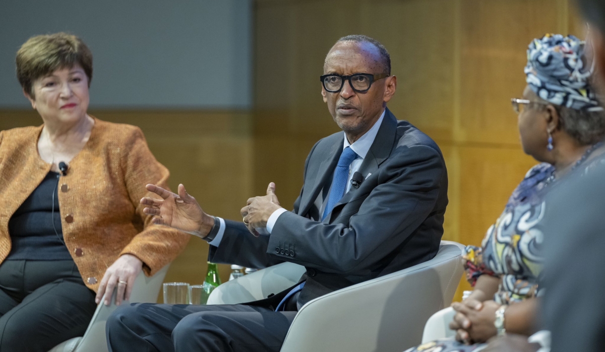 President Kagame speaks during a panel discussion with  the IMF Managing Director, Kristalina Georgieva (Left) and  the Director-General of the World Trade Organization, Ngozi Okonjo-Iweala( Right)   on Tuesday, December 13. Photo by Village Urugwiro