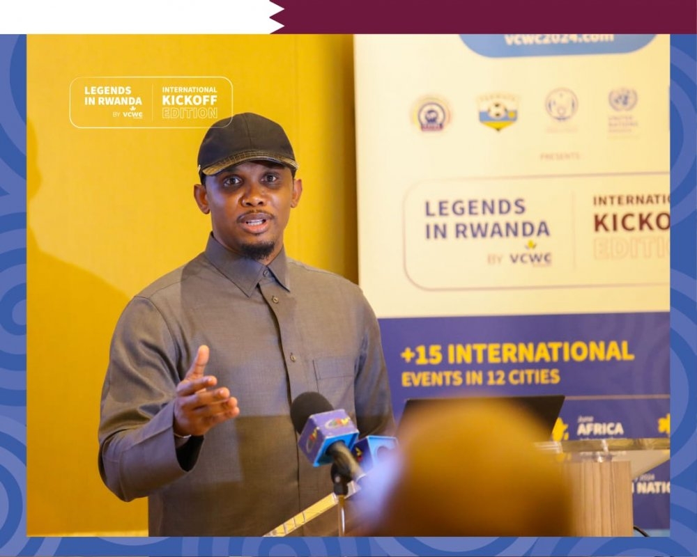 Cameroon football legend and current FA president Samuel Eto’o speaks at the international kick off edition of the Legends in Rwanda promotional tour held Saturday, December 17 in Doha Qatar.