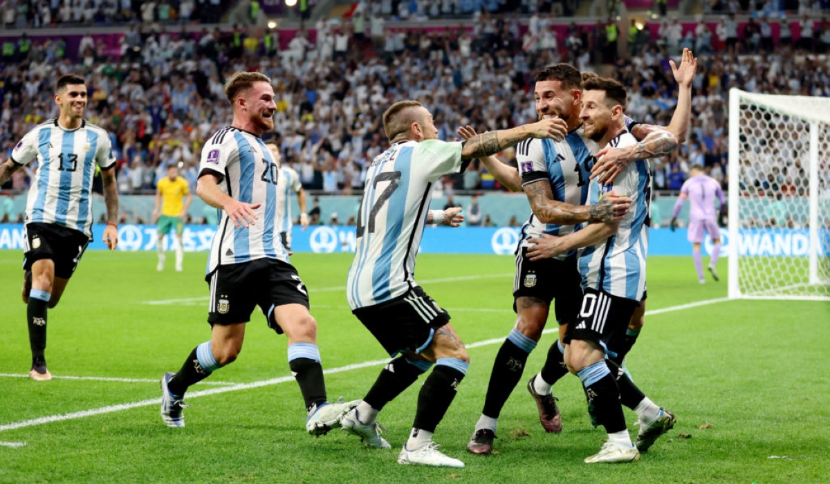 Argentine will face France during the Final of the 2022 World Cup in Qatar on Sunday, December 18.Argentina&#039;s Lionel Messi celebrates scoring their first goal with teammates REUTERS/Carl Recine     TPX IMAGES OF THE DAY