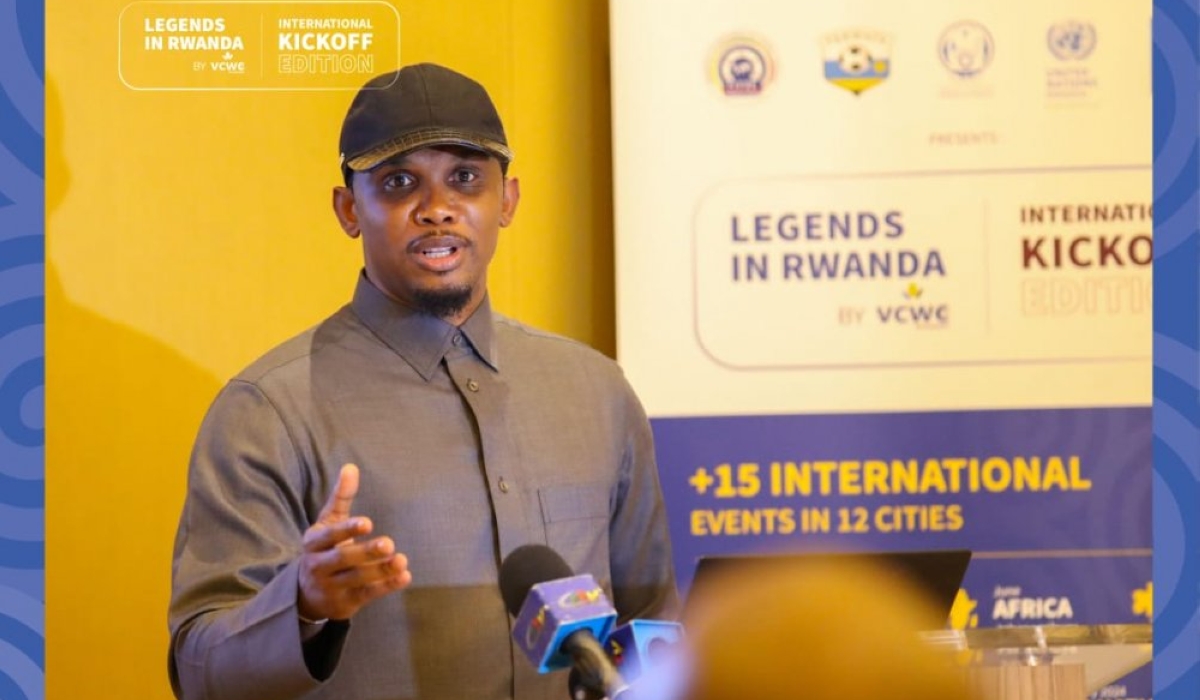 Cameroon football legend and current FA president Samuel Eto’o speaks at the international kick off edition of the Legends in Rwanda promotional tour held Saturday, December 17 in Doha Qatar.