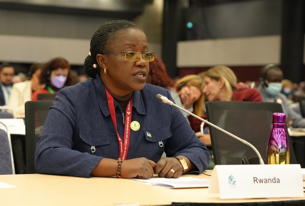 Jeanne d’Arc Mujawamariya, the Minister for Environment speaks at the UN Biodiversity Conference in Montreal which was concluded on Monday, December 19, 2022. Courtesy