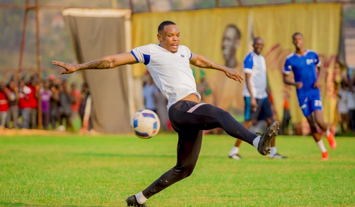 Rayon Sports defender Abdul Rwatubyaye during a training session at Nzove playground. Courtesy