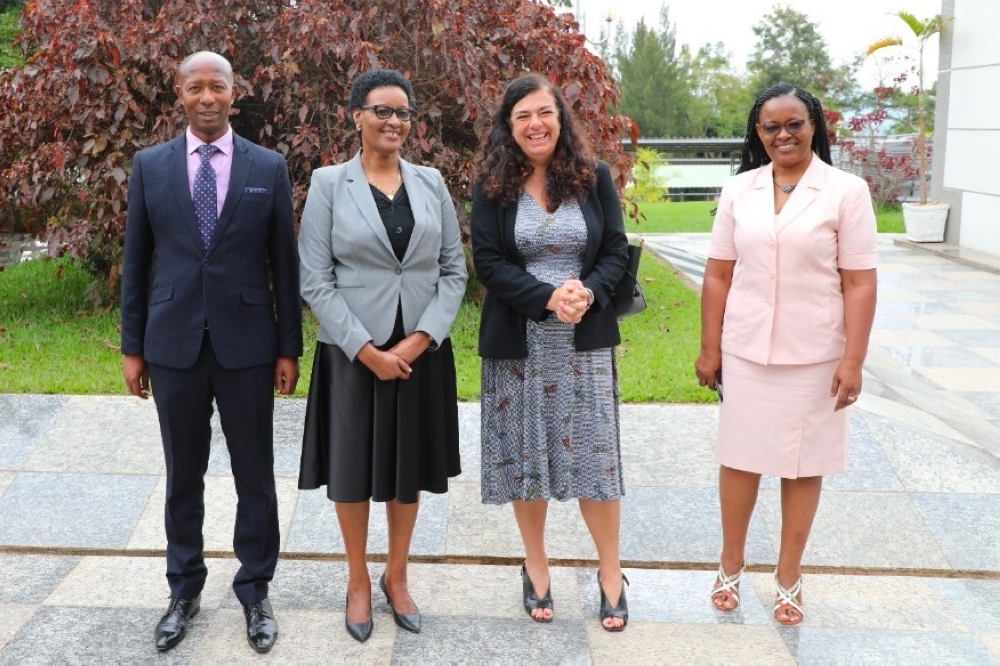 Belen Calvo Uyarra, EU Ambassador to Rwanda (2nd R) with Donatille Mukabalisa, Speaker of the Chamber of Deputies (second L), and deputy speakers, Edda Mukabagiwiza (R) and Mussa Fazil Harerimana  (L), at the Parliament.